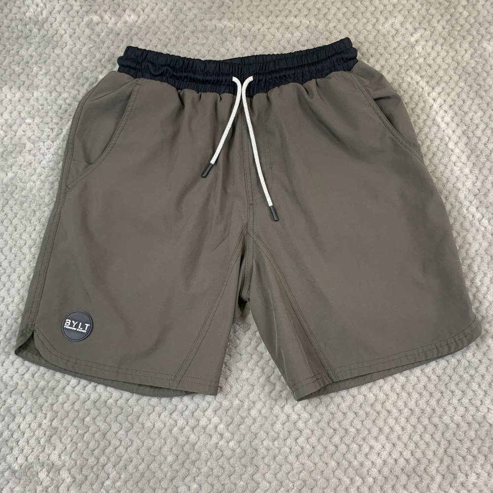 BYLT Basics Mens M Active Training Shorts Olive Green Black‎ Waist Gym Running